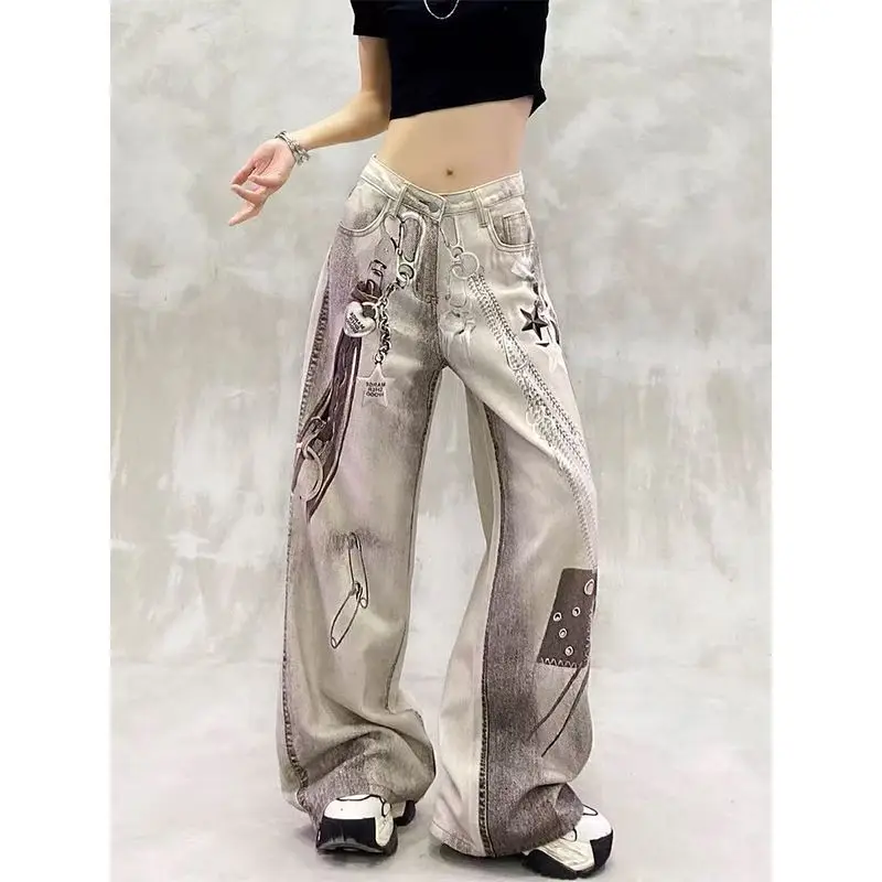 

American Punk Vintage Digital Print Straight Leg Jeans Women Trendy Street Wear Plus Size Loose Jeans Casual Y2K Wide Leg Pants