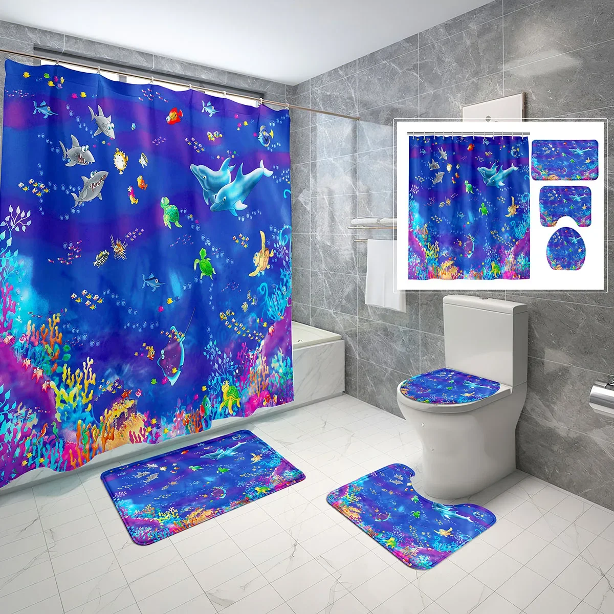 4 Pcs Under The Sea Shower Curtain Sets Cartoon Ocean Fish with Non-Slip Rugs Toilet Lid Cover and Waterproof Shower Curtain Set