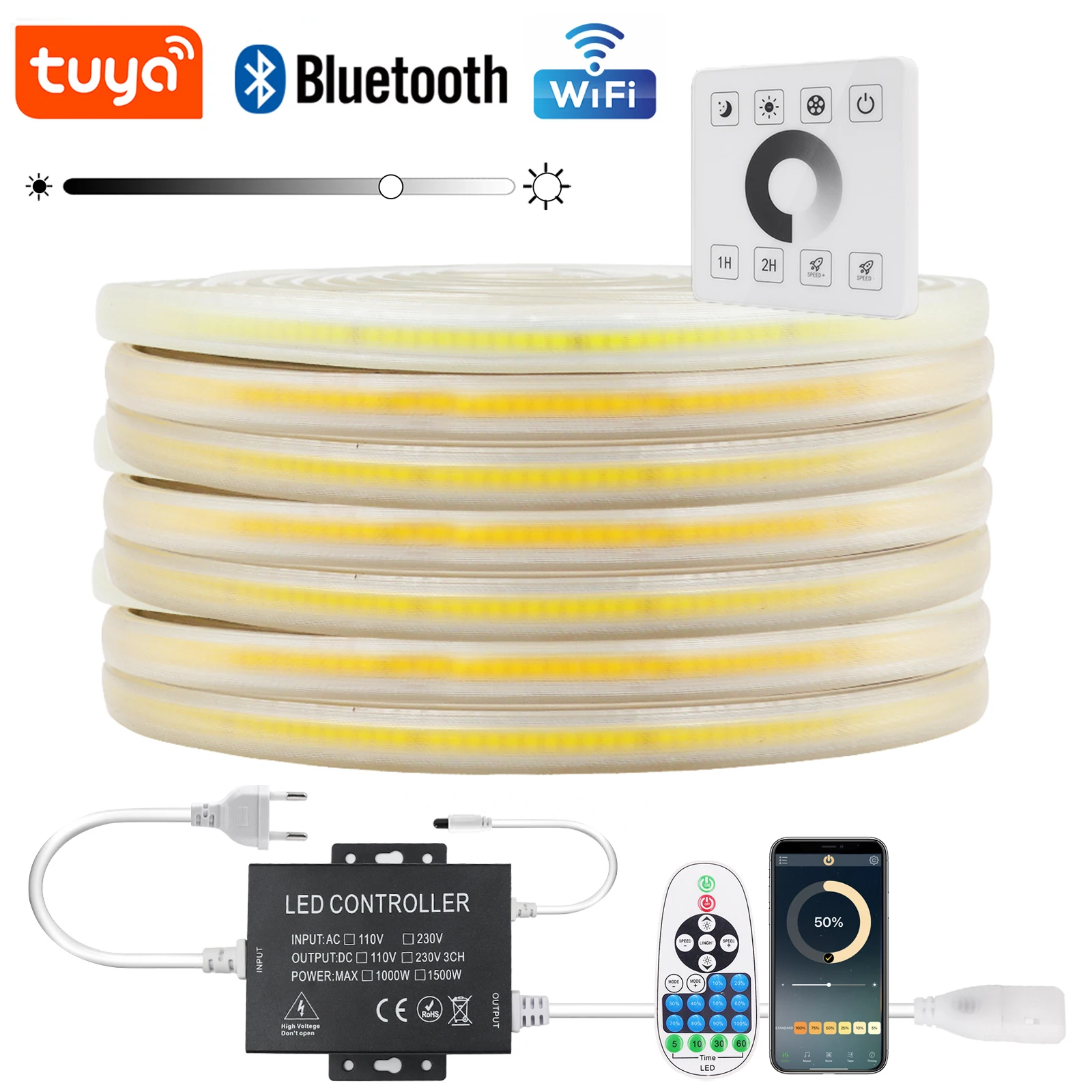 

COB LED Strip Lights 288leds/M 110V US Plug 220V EU/UK/AU Plug With IR 1500W Dimmer COB LED Tape For Garden Bedroom Lighting