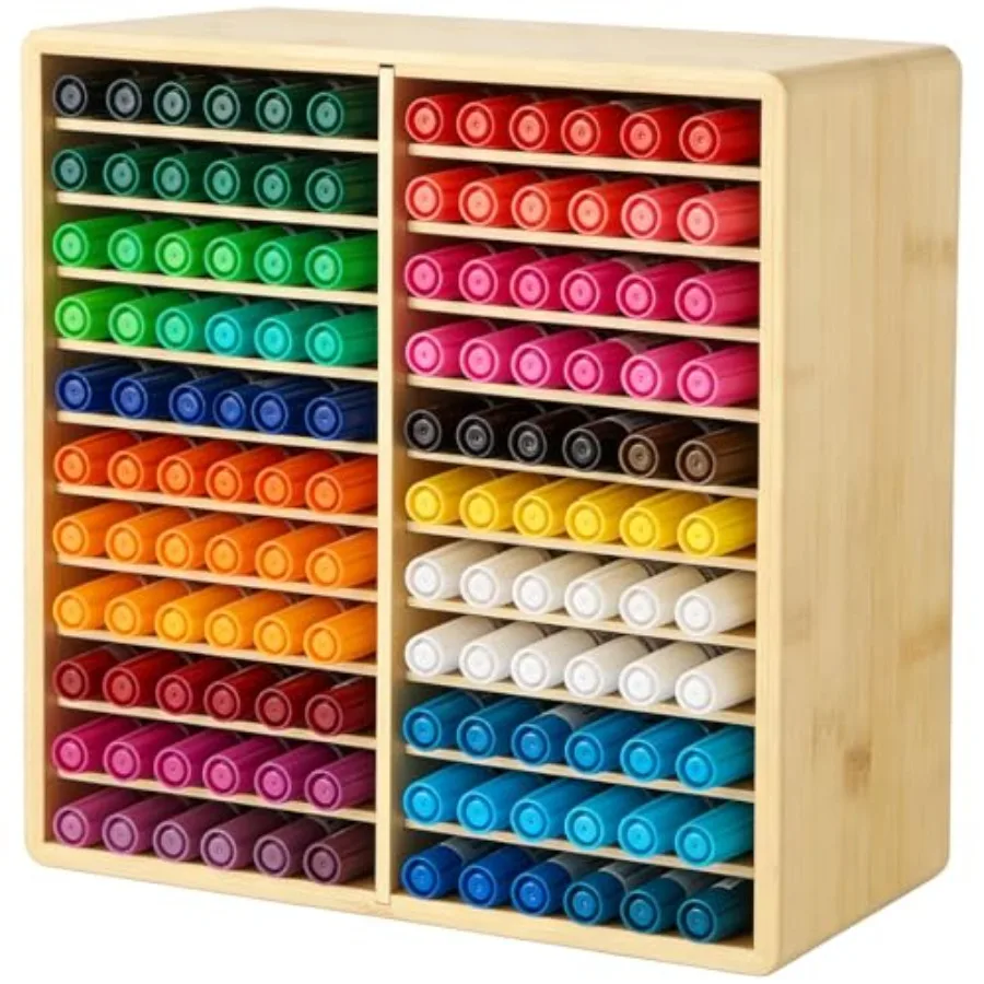 

Marker Storage Organizer, 22-Slot Wooden Desktop Pen Pencil Holder for Art Supplies and Stationery, Open Design, 11 x 5.3 x 10.