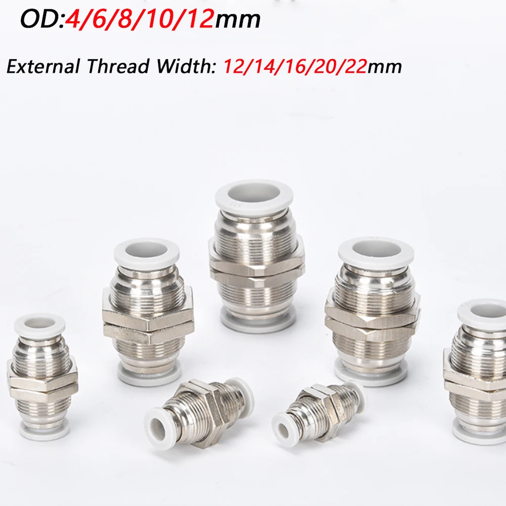1Pcs PM Copper Nickel Plating Straight Quick Connector 4-12mm OD Pneumatic Pipe Bulkhead Union Fitting Air Hose One Touch Joint 3