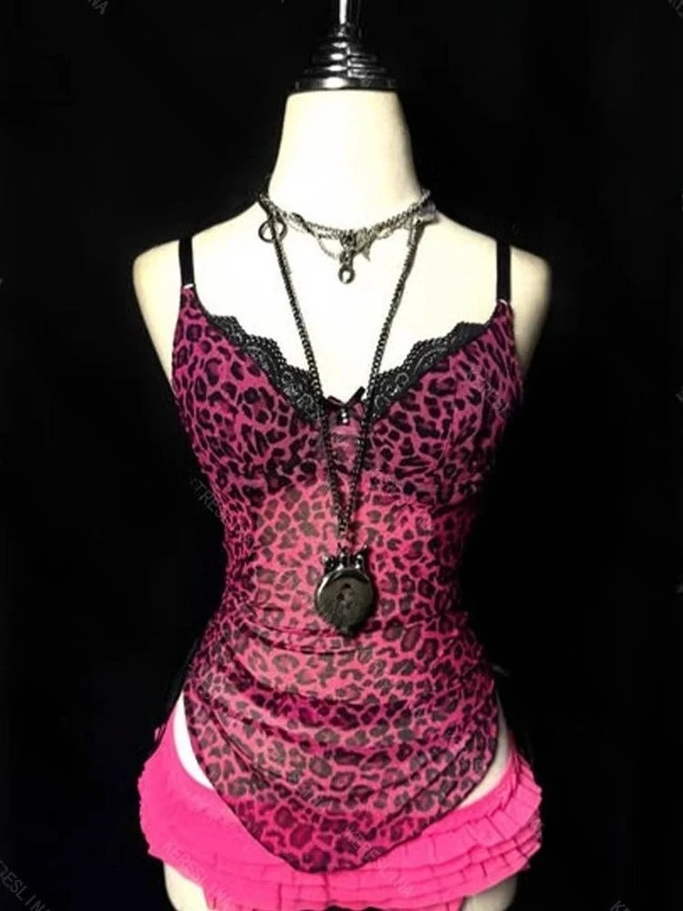 2000s American Vintage Sexy Leopard Camis Y2k Harajuku Slim Lace Patchwork Tanks Summer Streetwear Beach Party Sleeveless Tops