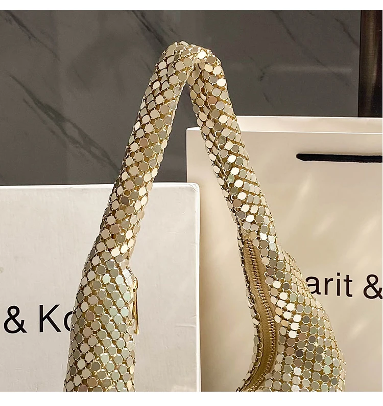 Gold Metal Mesh Shoulder Underarm Bag Bling Shiny Sequins Evening Bag Women\'s Handbag Wedding Party Clutch Purse Female Armpit