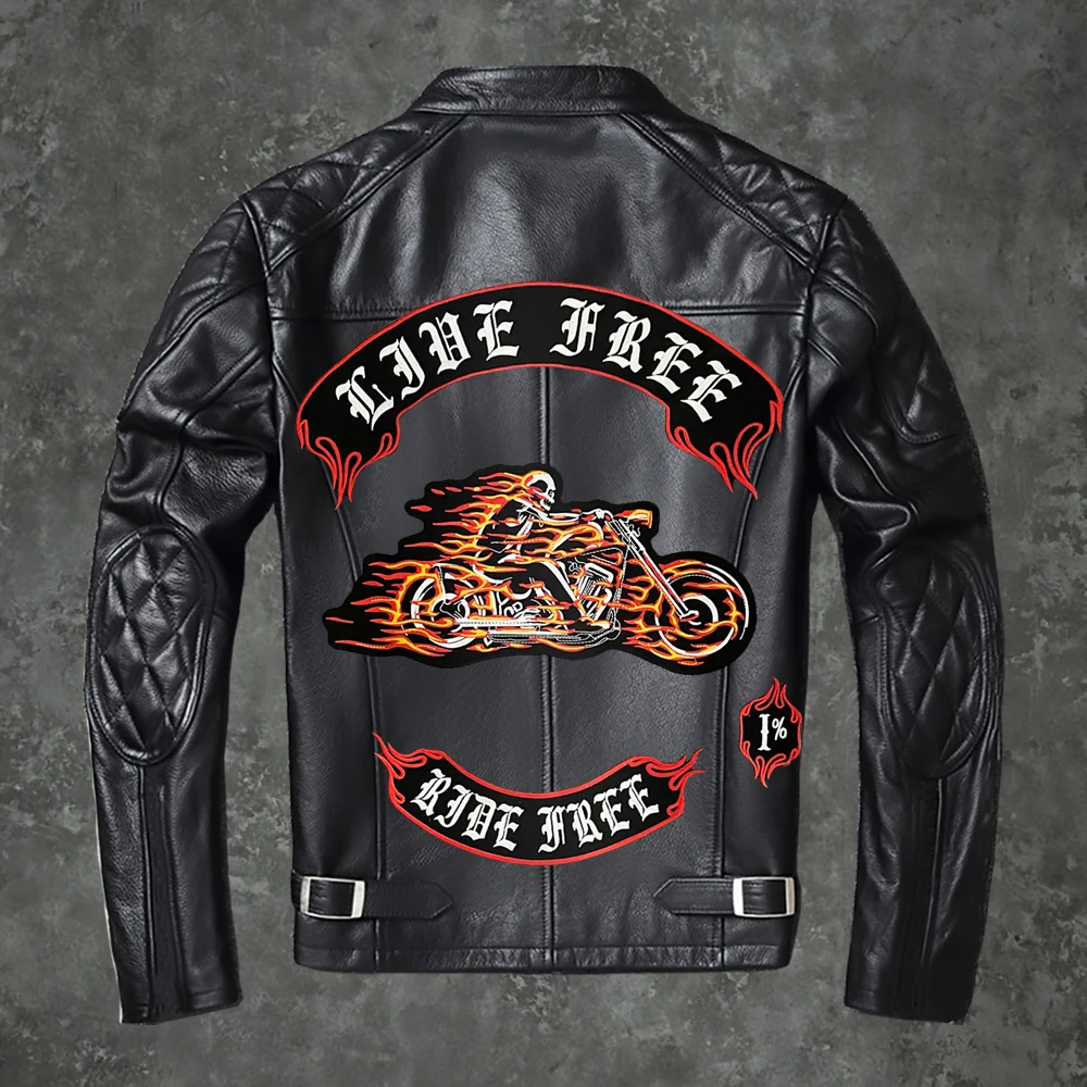 LIVE FREE RIDE FREE Flame Motorcycle Soul Chariot Large Embroidery Patch Jacket Back Decoration Badge DIY Hand Sewing 33*38CM