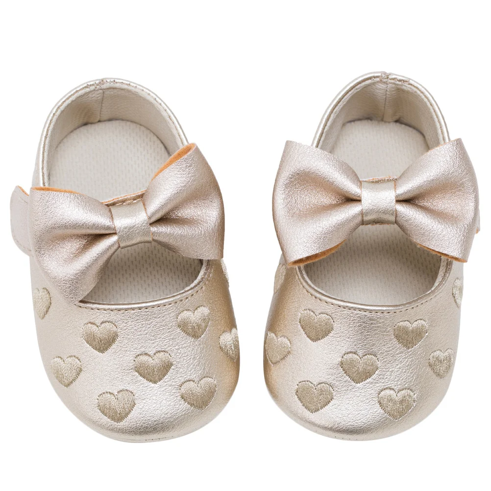 

Baby Shoes Love Embroidered Bowknot Prewalker Girl Toddler Heart Pattern Golden