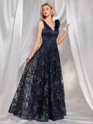 XUIBOL Elegant V Neck Blue Floral Sequin Evening Dress Long 2024 Luxury Women Satin Sleevesless Party Dress Prom Cocktail Dress