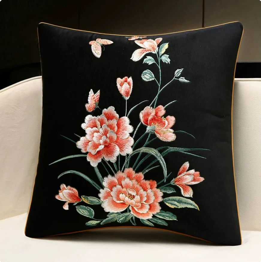 Vintage Chinese Floral Embroidery Throw Pillow Cover Velvet Fabric Peony Decorative Cushion Cover for Living Room Sofa Hotel