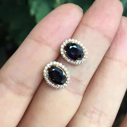 Natural Black Sapphire 5x7mm Stud Earrings for Women 925 Sterling Silver Fine Jewelry