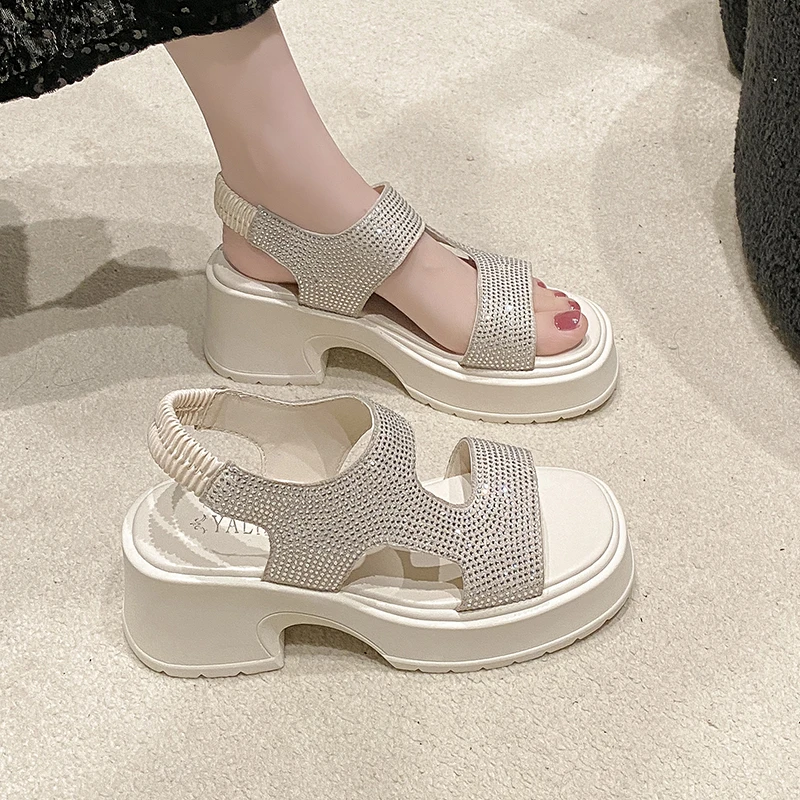 

Aphixta 2024 New Summer Cool Crystals Beach Sandals Women Platform Buckle Elastic Band Peep Toe Wedges Heel Slides Shoes