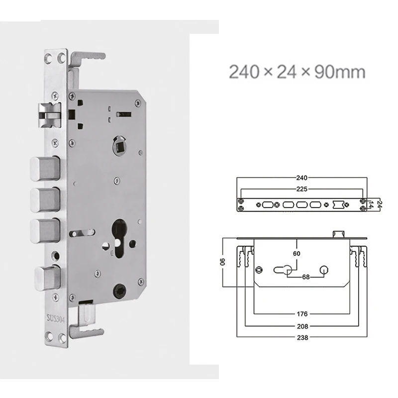 

24x240 6068 Security Door Lock Body 304 Stainless Steel Internal Gear Structure Anti Stuck For Smart Fingerprint Lock