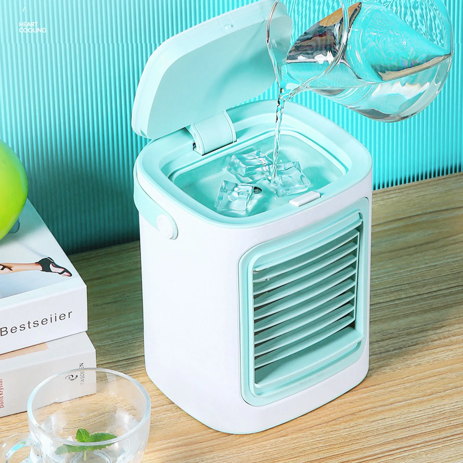 Tisch-Luftkühler, Befeuchtung, 3 Gänge, verstellbar, tragbar, starker Wind, USB-Anschluss, Aufladen, Klimaanlagenventilator für Zuhause