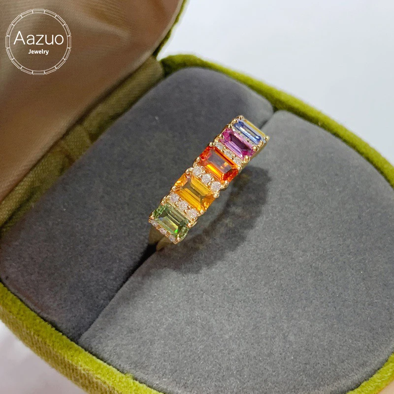 Aazuo 18K Solid Yellow Gold Natural Sapphires Real Diamonds OL Square Rainbow Lines Rings For Girls & Women Senior Banquet Party