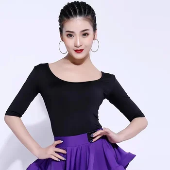 伸縮性のある半袖ラテンダンスTシャツ,ローカットのタイトフィットトップス,社交ダンス用のモダンなフラメンコ練習,白黒,卸売