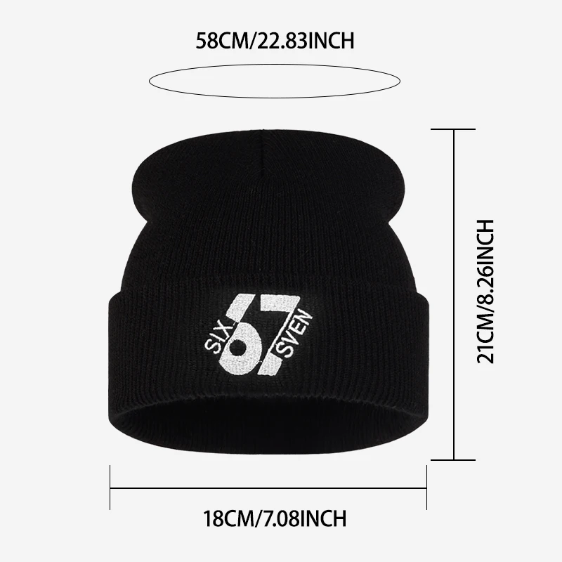 Y2K 67 Six Seven Embroidery Beanie, Retro Number Cuffed Knit Hat, Unisex Warm Winter Cap for Streetwear Casual Style