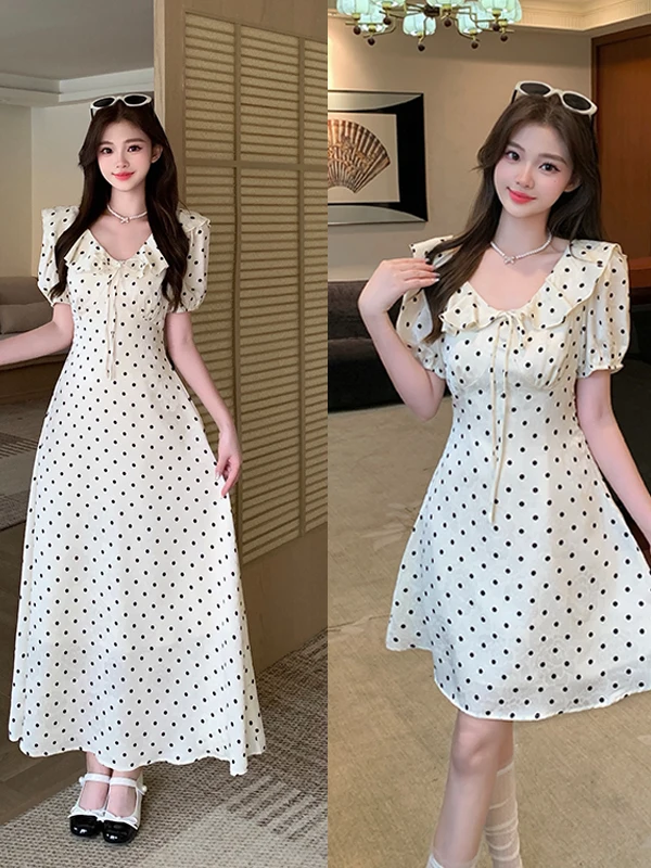 

plus Size Summer Polka Dot Frock Slimming Waist Tulle Hem Cover up Elegant Versatile Slimming Midi Dress French Style Casual ...