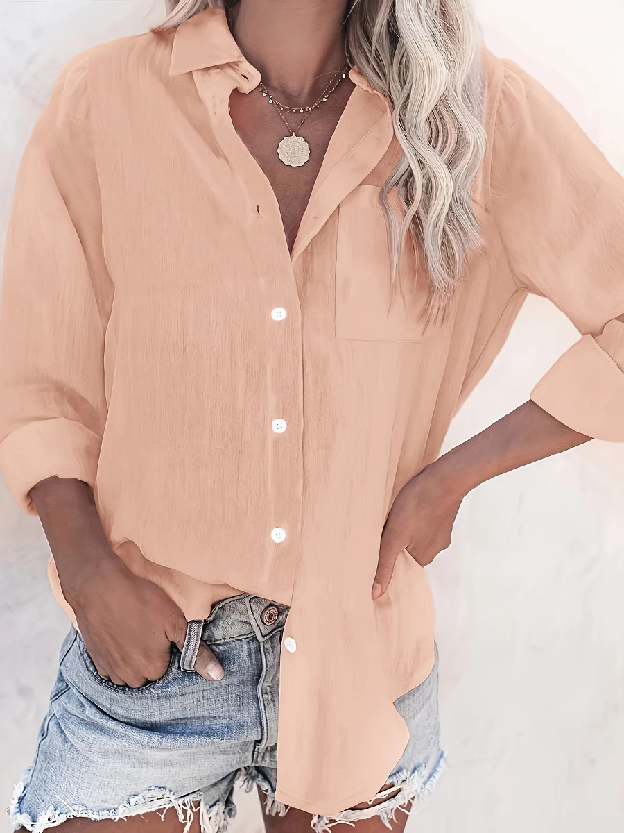 Women Casual Loose Button Down Shirt Long Sleeve Solid Color Lapel Collar Blouses Elegant Office Lady Work Tops Spring Autumn