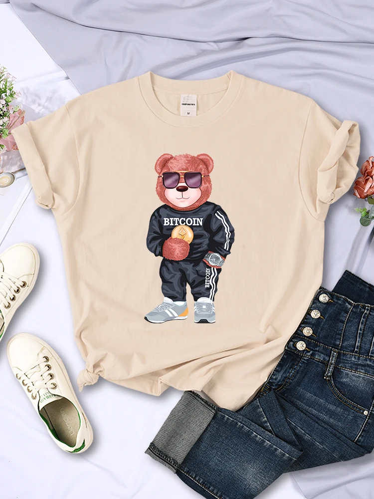 Bear With Bitcoin Graphic Printed T Shirt Women Summer Street Tshirt Vintage Luxury Gothic Clothes Breathable Soft Short Sleeve