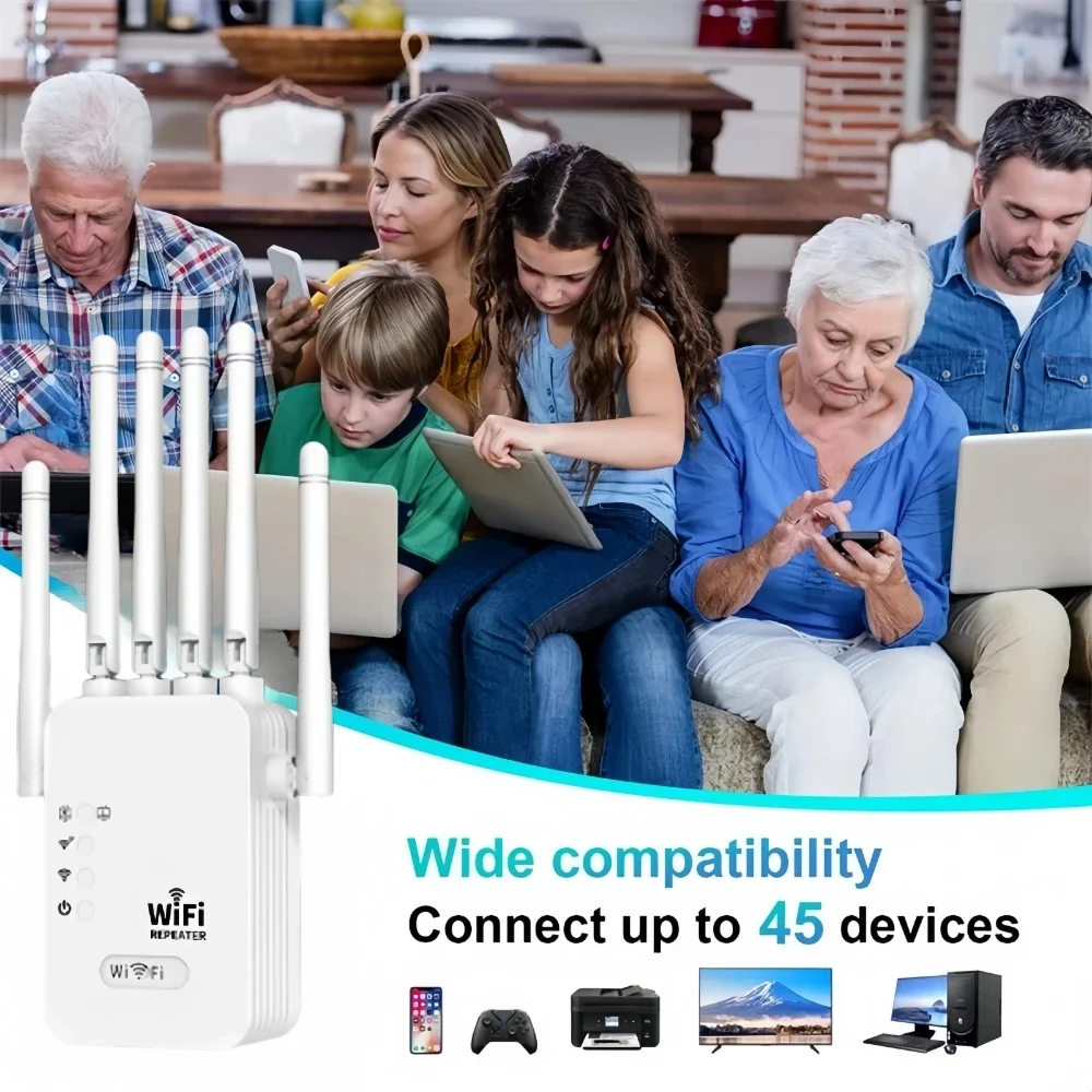 

WiFi Booster 1200Mbps Wireless WiFi Repeater WIFI Extender 2.4G/5G Network Amplifier 360° Full Coverage Signal for Office Home