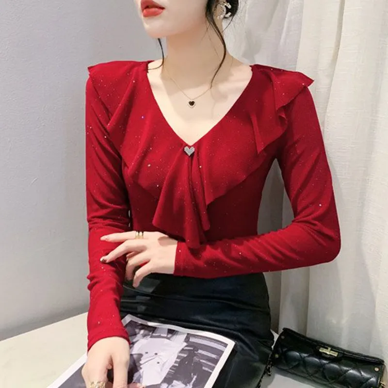 New Autumn Fashion Korean Shiny Mesh T-Shirt Clothes Sexy V-Neck Ruffles Love Decorative Women Tops Long Sleeve All Match Tees