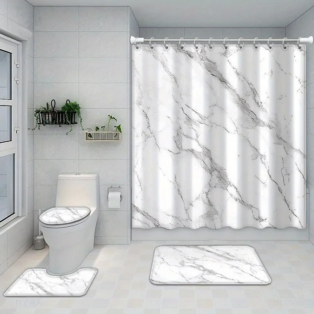 4 Pcs White Marble Shower Curtain Set Waterproof Fabric Bath Curtain Modern Non-Slip Bath Mat Toilet Lid Cover Bathroom Decor
