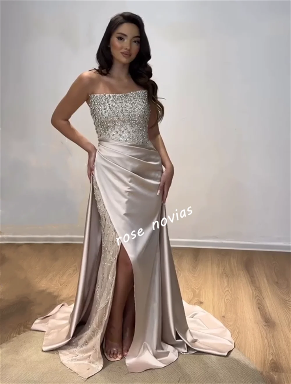 Charmeuse personalizado con lentejuelas y diamantes de imitación, sirena sin tirantes, largo hasta el suelo, ocasión a medida, fiesta de noche de lujo para mujer