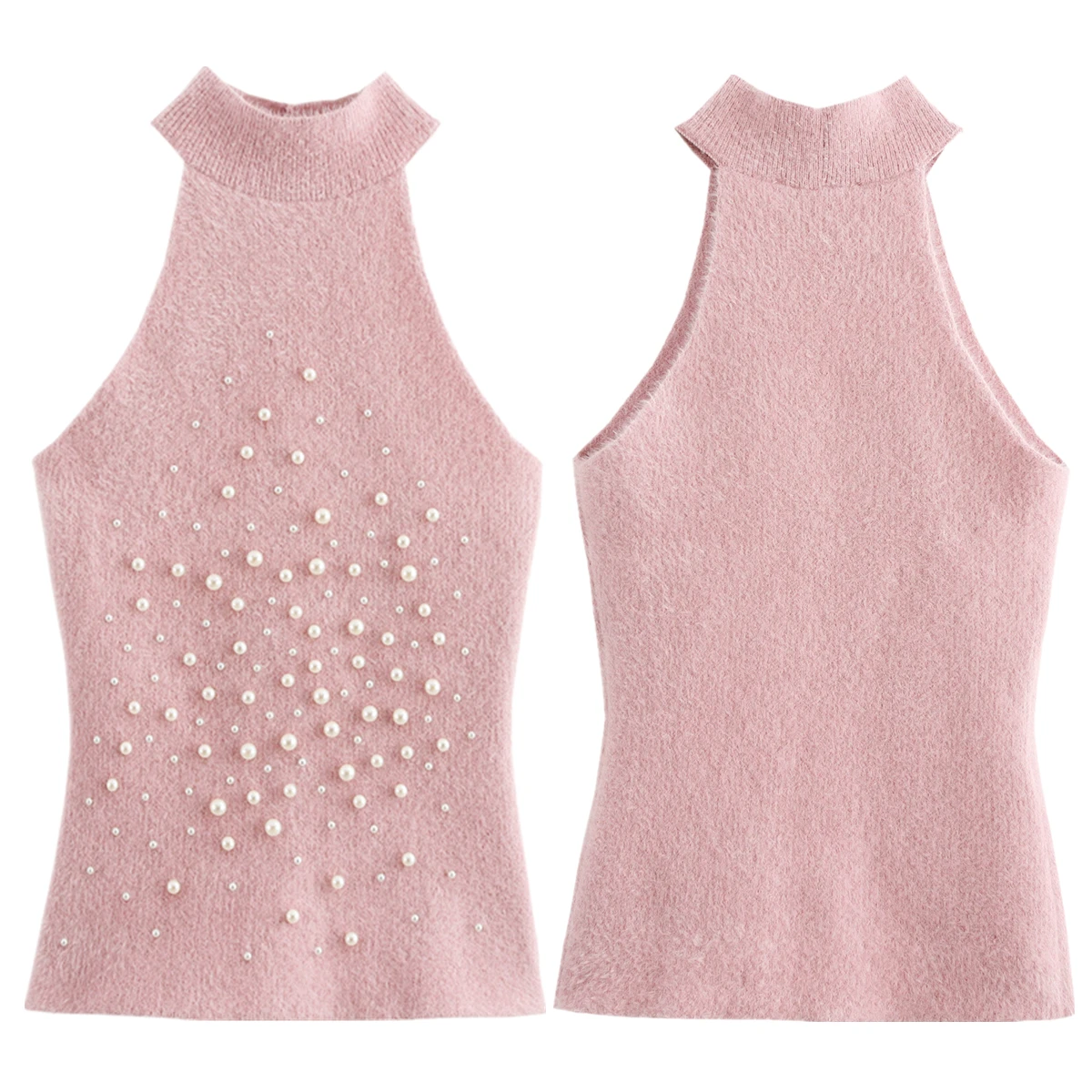 Jenny&Dave Nordic Minimalist Pearl Decoration Sleeveless Knitted Vest Sexy Pink Color Halter Neck T-shirt Women Tank Tops