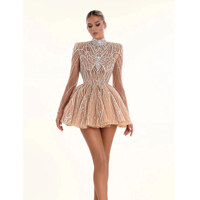 Hot Sale High Neck Long Sleeves Sliver Crystal Champagne Short  فساتين السهرة vestidos de fiesta  فساتين سهره evening dresses