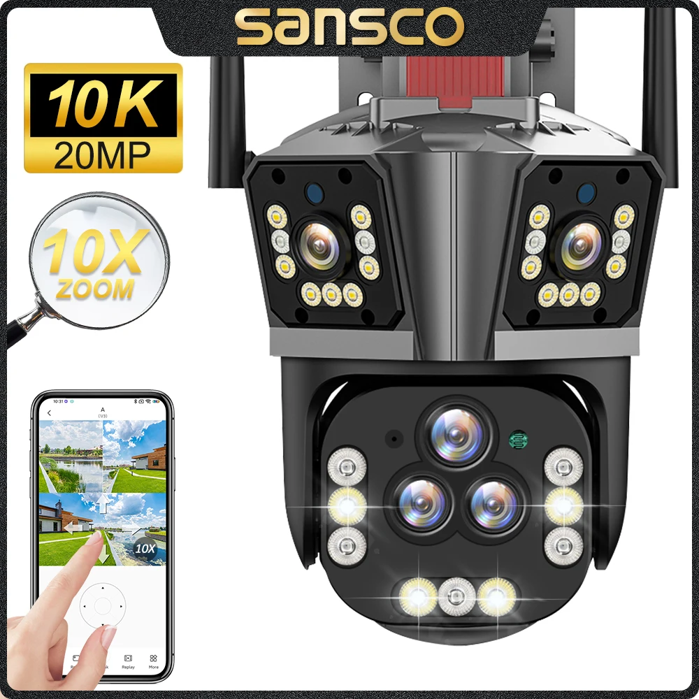 SANSCO 10K 20MP Five Lens WIFI PTZ Camera Three Screen Automatic Tracking Outdoor 5K Security Surveillance IP Camera IPC360 Home