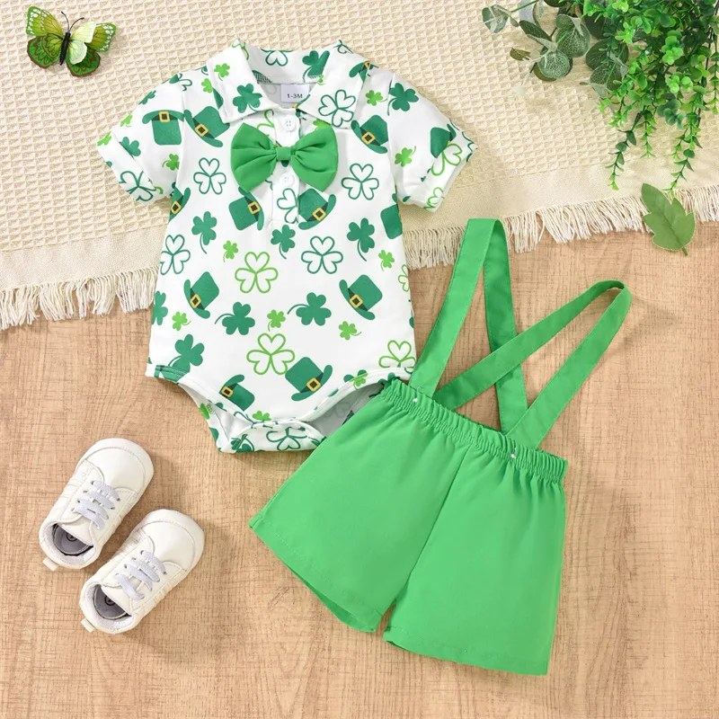 Toddler My First St.Patricks Day Baby Boy Gentleman Outfit Green Bow Tie Short Sleeve Romper Lucky Shamrock Pant Clothes Sets