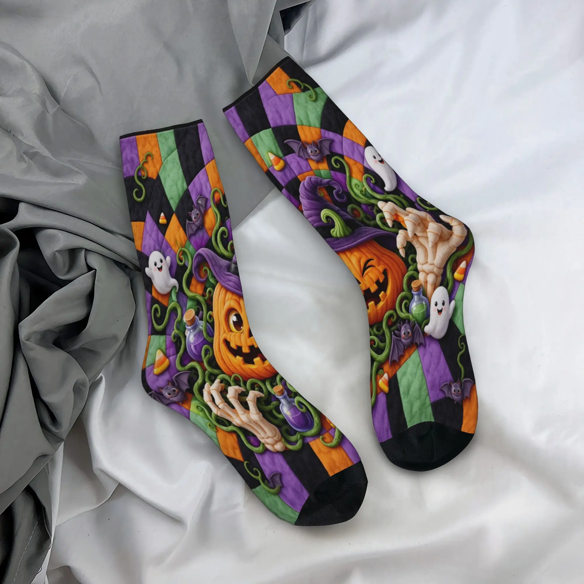 Cool 3D Illusion Halloween Soccer Socks Ghost Pumpkin Wink Polyester Long Socks for Unisex Non-slip