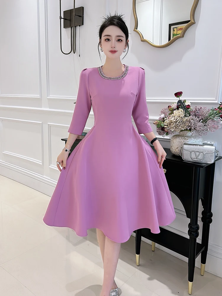 ZJYT Elegant Diamonds O Neck Simple Party Dress Women 2024 Fashion Spring Three Quarter Sleeve Aline Dresses Casual Daily Pink