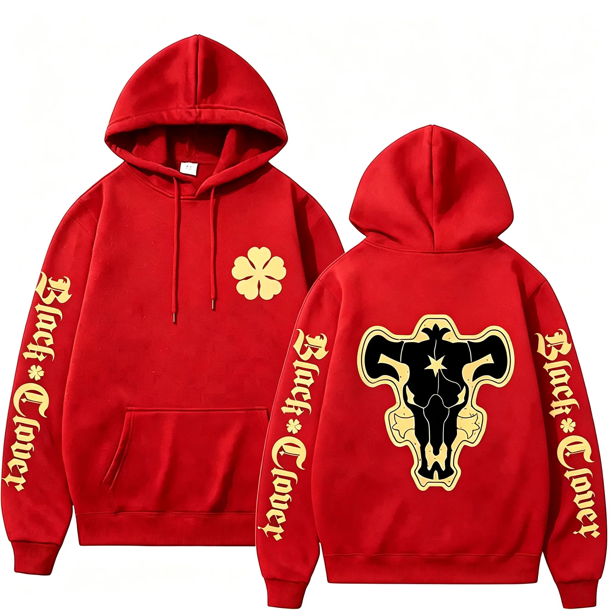 2026 Herbst Black Clover Black Bull Hoodie mit mehreren Prints, vorne mit Kleeblatt-Emblem, hinten mit Bullenschädel, Unisex, Oversized, Y2K-Hoodie – Detail 9