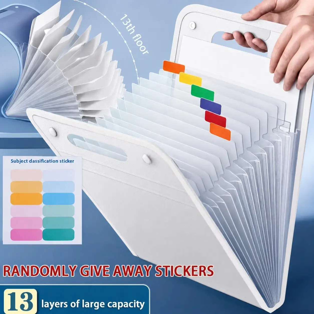 1 Portable Expanding File Folder Organizer - 13 Layers Large Capacity A4 File Storage Bag, Durable PP Plastic With Ergonomic Handle, Sky Blue & Pink Suitable For Office, Home Organization, Desktop File Organizer, Fashionable File Bag,