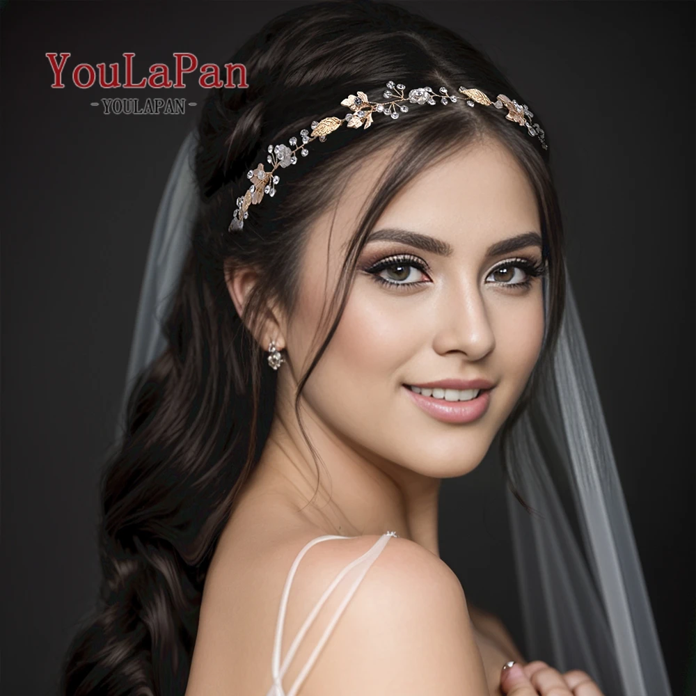 YoulaPan-Elegante Headband para a Noiva, Acessórios Do Cabelo Do Casamento, Liga Folha, Bridal Headpiece, Cor Dourada, Mulheres Cabelo Vine, HP122