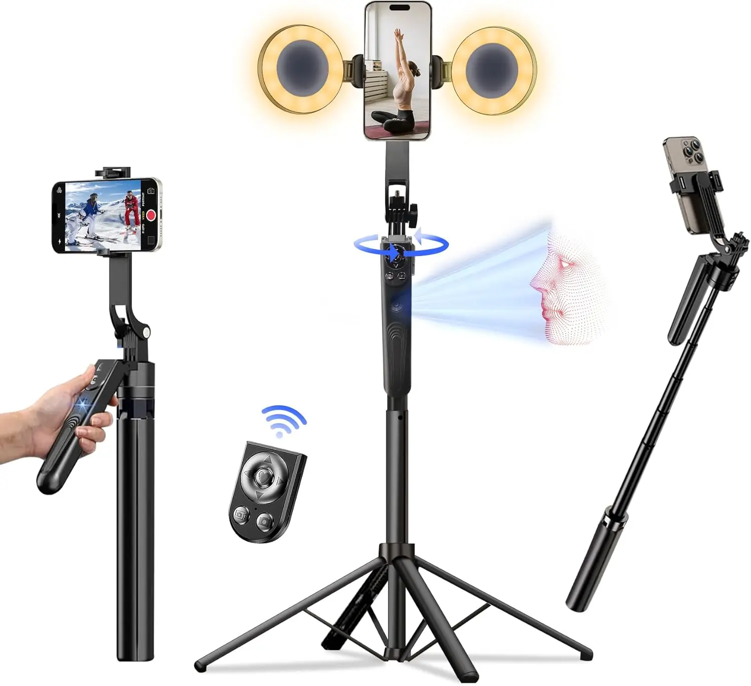 Auto Face Tracking Tripod with Light for iPhone, 360 Rotation Selfie Stick with Remote for Vlog Live Stream