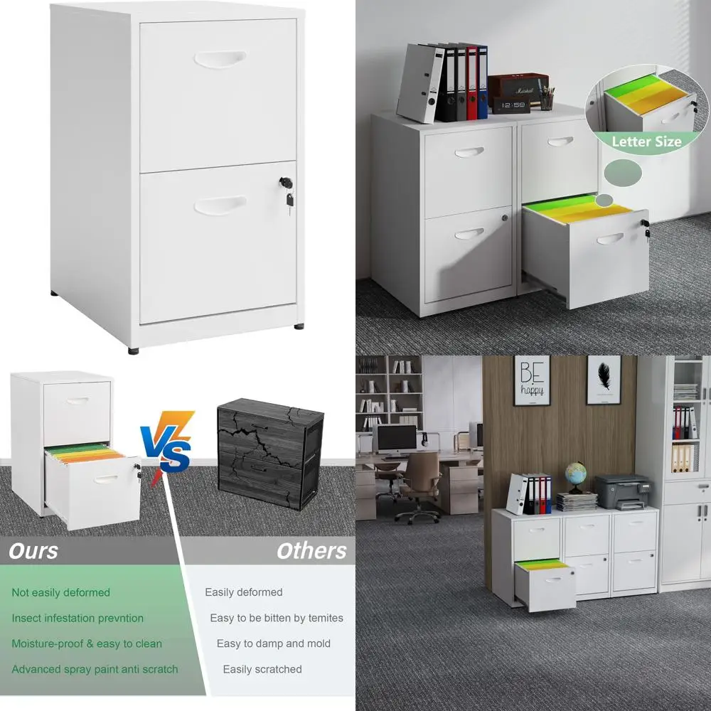 

White 2-Drawer Metal File Cabinet with Lock for Home Office, Letter Size, Light Duty Storage - Assembly Needed