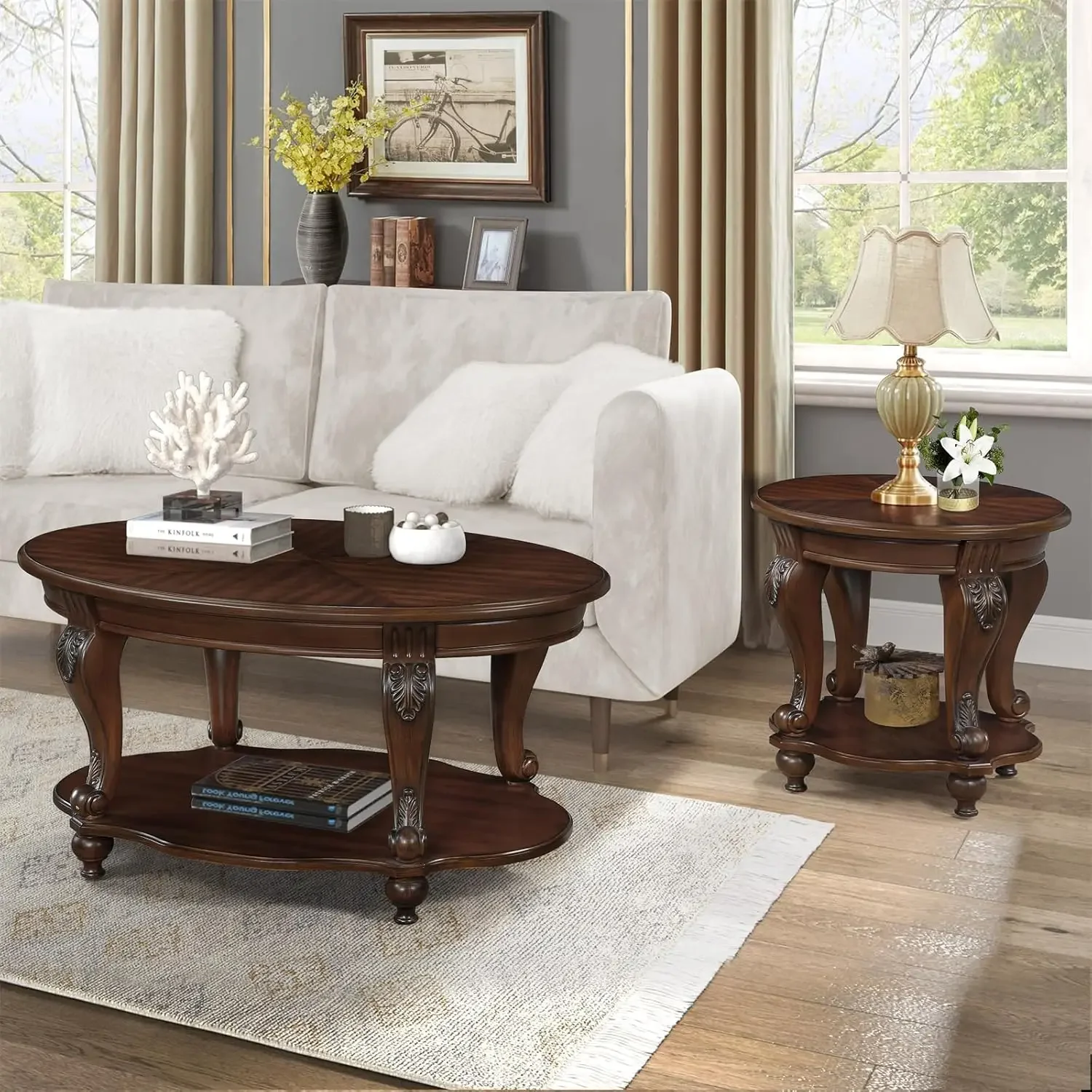 Solid Wood Coffee Table with Storage Shelf 42" Oval Coffee Tables for Living Room Farmhouse, Antique Elegant Carved Legs,