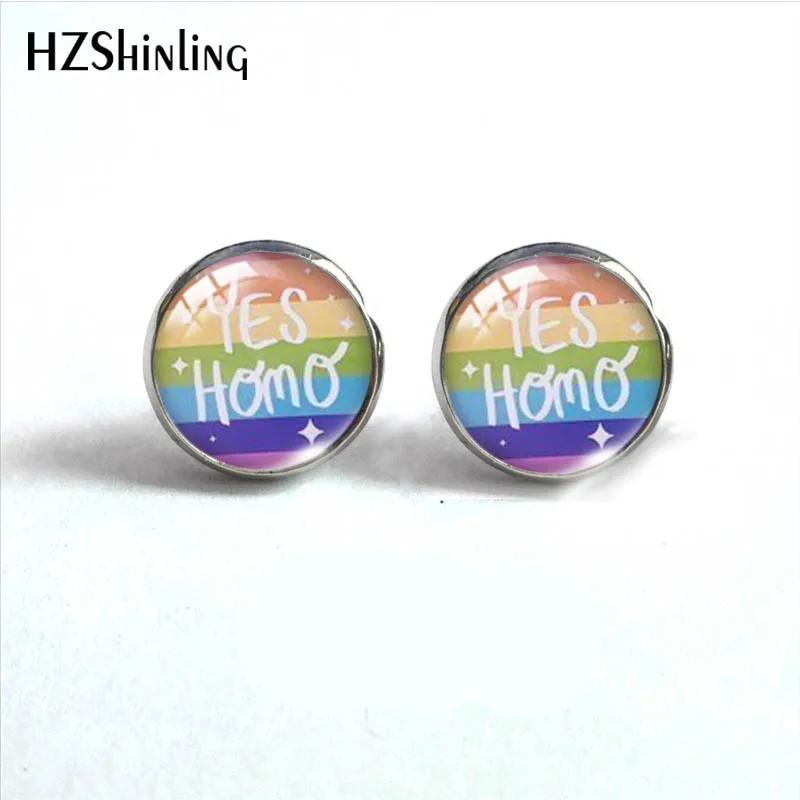 12mm Round Stud Earrings Cartoon Homo I am Gay BI Pride Glass Cabochon Stud Earrings Handmade Ear Jewelry for Women