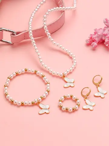 4pcs 달콤한 나비 어린이 목걸이 팔찌 반지 귀걸이 세트 모조 PPearl 페르시 어린이 목걸이 쥬얼리 도매