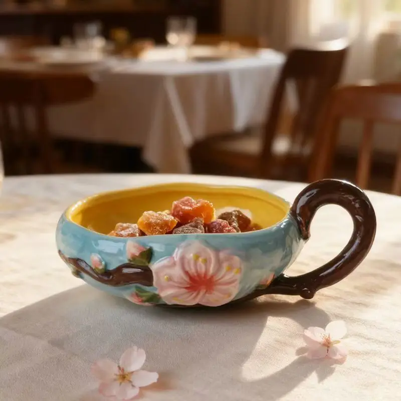 

Japanese Style Ceramic Bowl with Handle, Artistic Irregular Ceramic Bowl,Peach Blossom Embossed Soup Salad Noodles Dessert Bowl