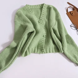 Korean Sweet V-neck Buckle Knitted Cardigan Autumn New Fashion Solid Color Casual Short Sweater Jacket Women Cardigans Tops