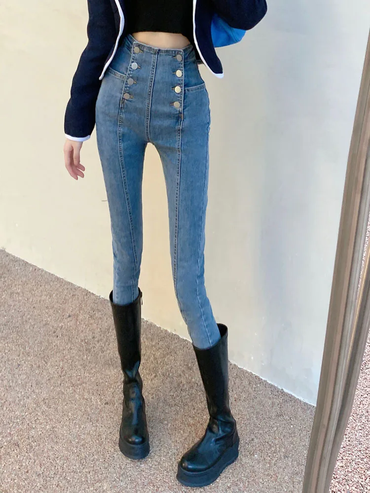 

High Waist Double Breasted Elastic All-match Pencil Jeans Korean Fashion Chic Grande Taille Denim Trousers Streetwear Long Pants