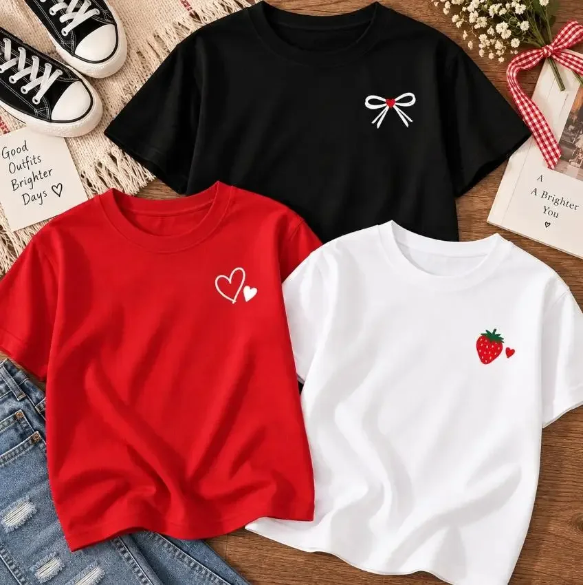 2026 Women 3-Pack Summer Coquette Aesthetic T-Shirt Set, Minimalist Micro Bow Heart & Strawberry Graphic Print Tees, Crew Neck Short Sleeve Casual Basic Tops For Daily Outfit