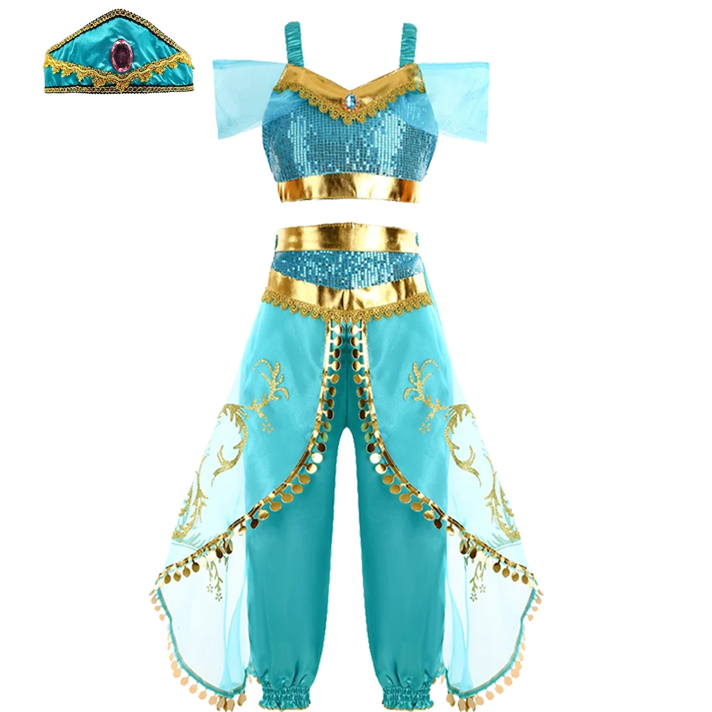Blaues Arabisches Prinzessinnen-Tanzkostüm-Set für Kinder, Halloween, Weihnachten, Karneval, Geburtstag, Cosplay – Detail 8