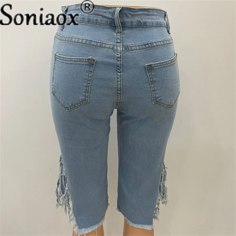 2022 Zomer Bermuda Vrouwen Ripped Katoen Knie Lengte Hoge Taille Toevallige Denim Shorts Dames Blue Sexy Straight Jean Shorts