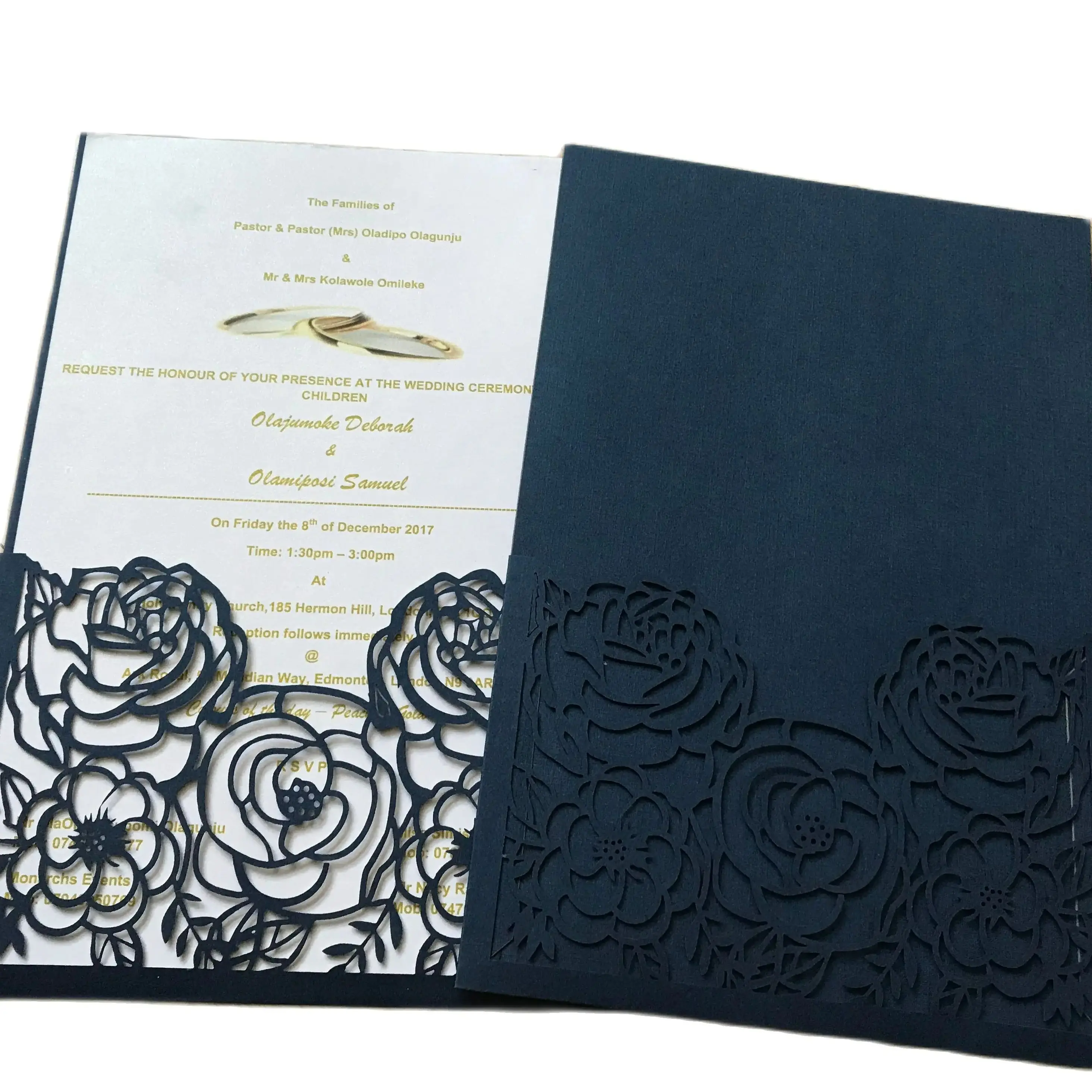 Laser Cut Wedding Invitation Card, Personalized Rose Laser, Dark Navy Blue, Pocket, 10Pcs