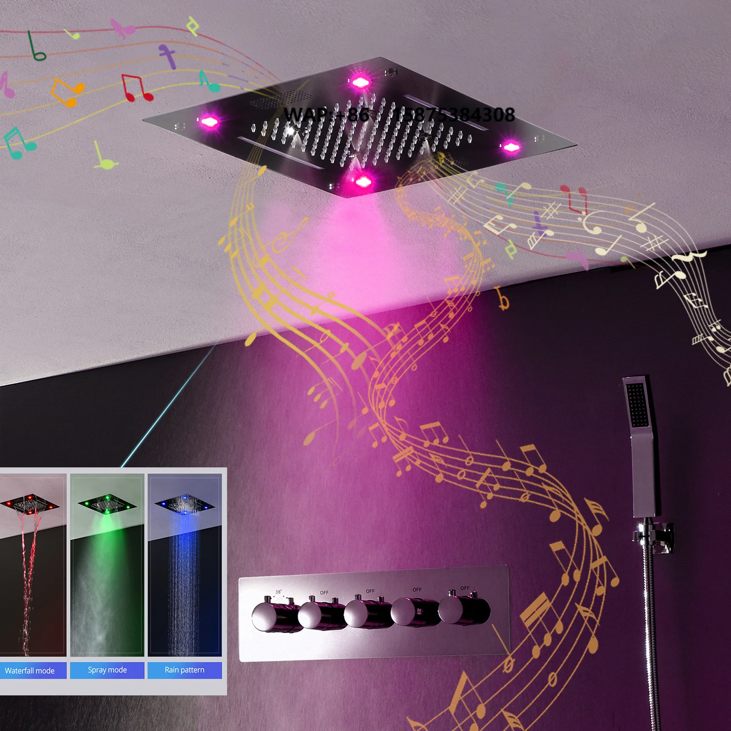 New Design Music Shower Bathroom Shower Set Electric LED Colorful Rain Mist Waterfall Thermostatic Valve 16'' Polished