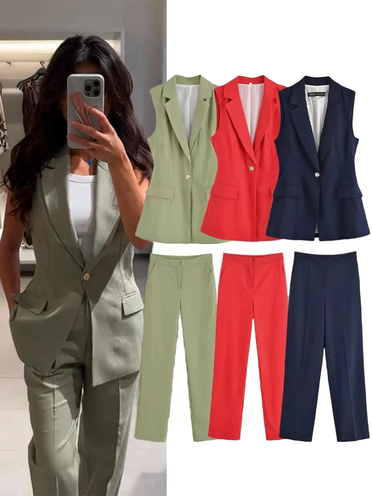 

HH Women Fashion Lines Blended One-Button Slim Long Sleeveless Top+High Waist Casual Zipper Side Pocket Straight Pants Suit