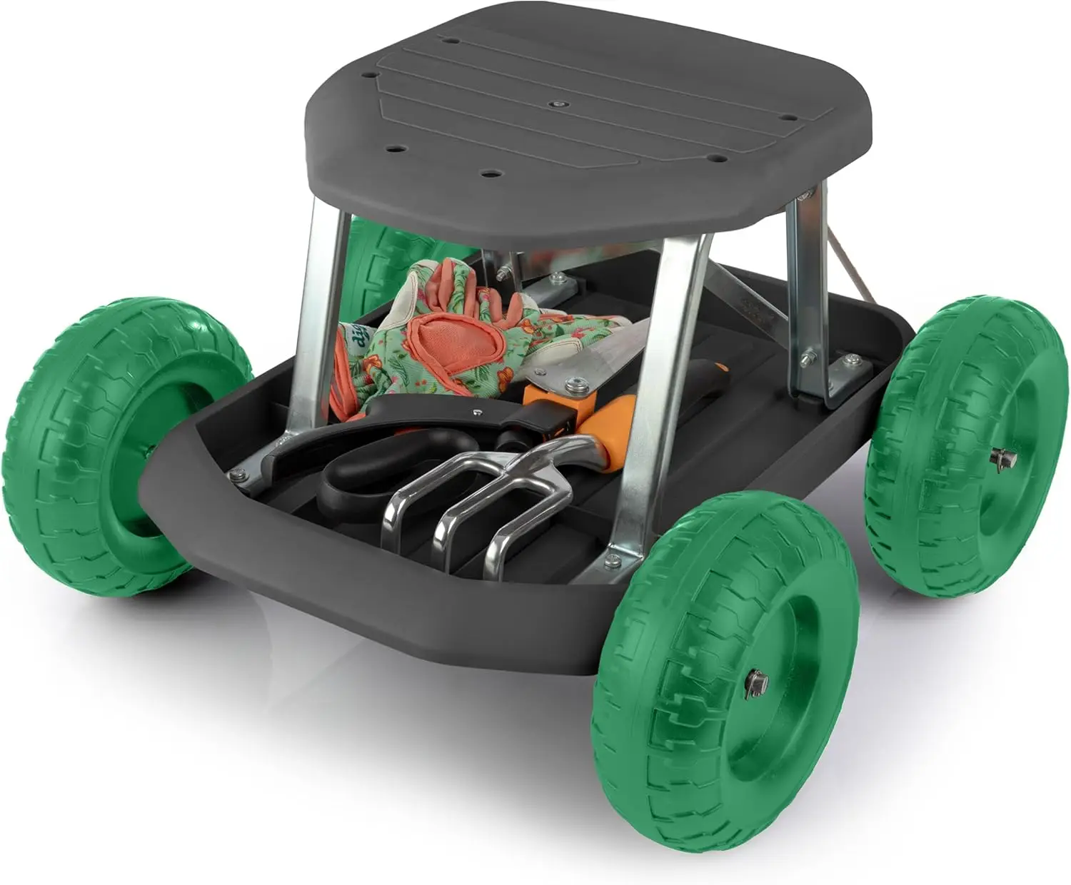 

Садовый стул на колесиках с подносом для хранения - Передвижная тележка-сиденье для садового инвентаря, черно-зеленый цвет