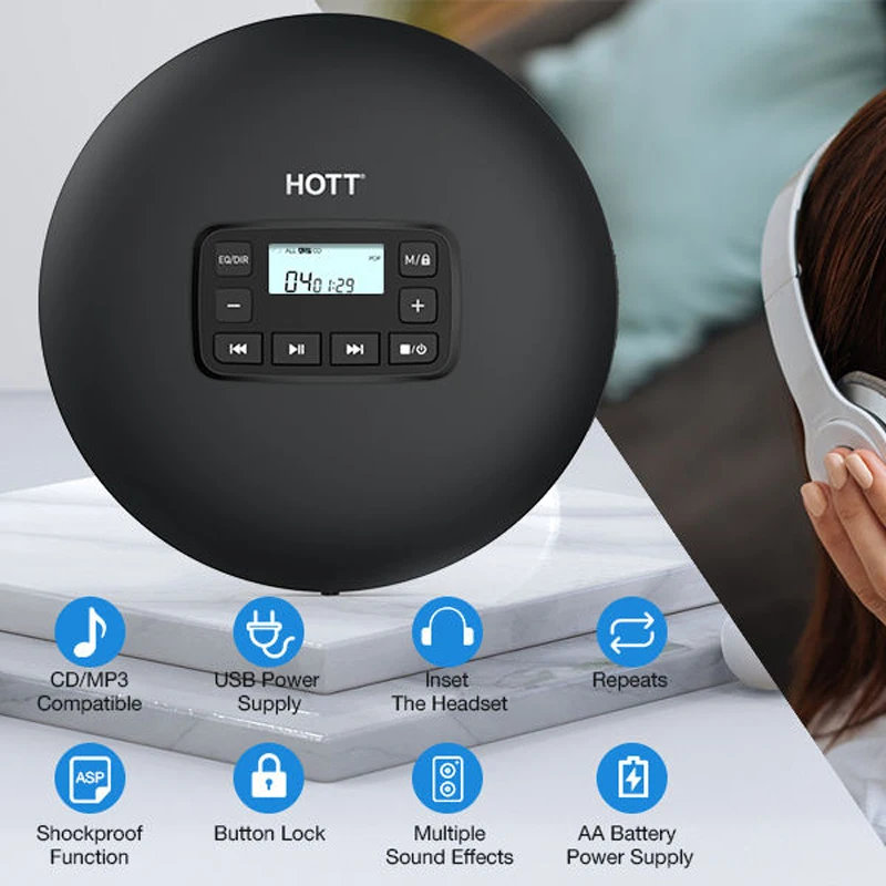 مشغل أقراص CD محمول ساخن للمنزل والسيارة ، مشغل CD مع سماعات ستيريو ، حماية ضد الصدمات ، أسود ، CD204